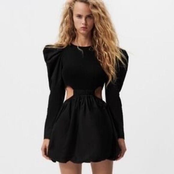 Zara Black Puff Sleeve Side Cut Out Bubble Skirt Mini Dress Size Medium - Picture 10 of 11